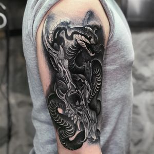 Snake and skull tattoo black and grey Inst: @flyrosetattoo #flyrosetattoo #blackandgreytattoo #blackgreytattoo #tattoohand #snaketattoo #skulltattoo #blacktattoo #bigtattoo #tattoo #tattoolover #instatattoo #tattoolook