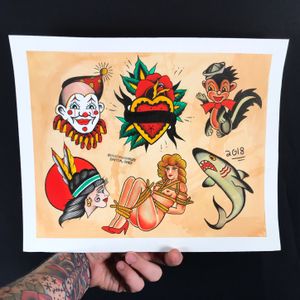 Clown, heart, skunk, bondage gal, shark