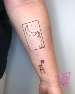 Reach For The Moon Stick Figure Hand-poked Tattoo by Pokeyhontas @ KTREW Tattoo - Birmingham, UK #moontattoo #handpoked #stickandpoke #tattoo #stickfigure #snp #birminghamuk