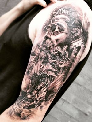 Greek mythology part for Jeff's arm - To be continued... ◼ #тату #зевс #пегас #trigram #tattoo #Zeus #Pegasus #inkedsense 