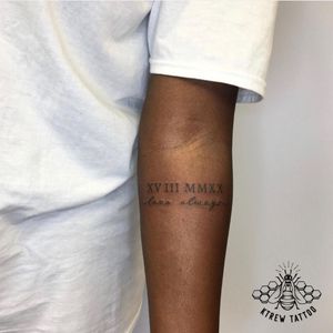 Roman Numerals & Script Tattoo by Kirstie @ KTREW Tattoo - Birmingham, UK #finelinetattoo #scripttattoo #romannumeralstattoo #letteringtattoo #forearm #tattoos #birmingham