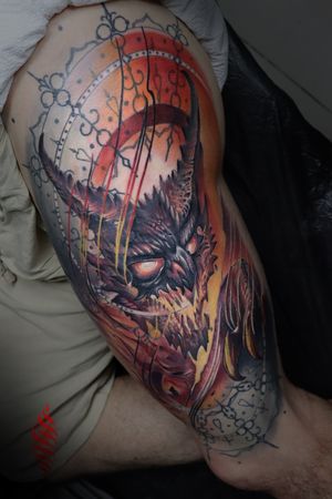 Dragon Tattoo 🔥 Designed and tattooed by WANDAL #dragontattoo #thightattoo #legtattoo #horrortattoos #dragon #fire #firetattoo #colourtattoo 