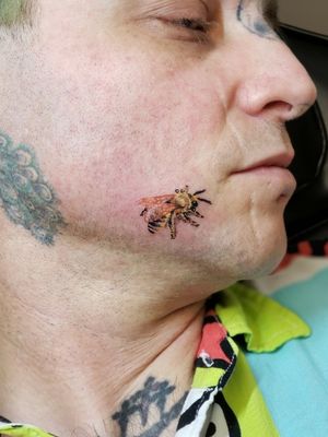 Cool micro bee on the chin was a hard tattoo to pull off on the side of the face. 