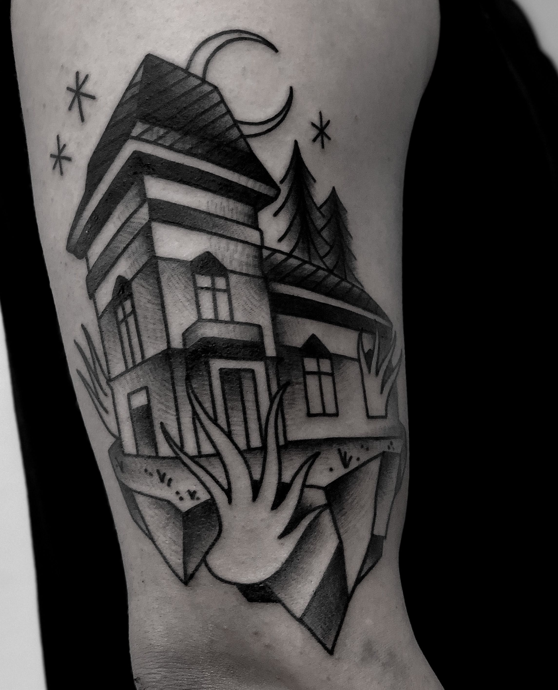 Haunted House by @mattbrumelow at @inkanddaggertattoo in Roswell, Georgia.  #hauntedhousetattoo #pumpkintattoo #mattbrumelow #inkanddagger... |  Instagram