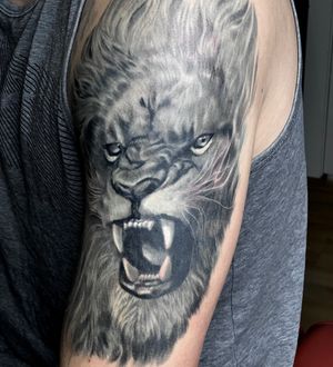 Opaque grey ink lion. Right side of face is a cover up, that's why I used  opaque grey ink. 