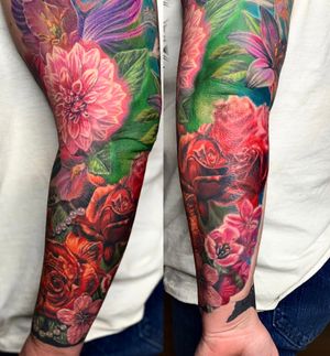 Floral sleeve, top is a cover up. 