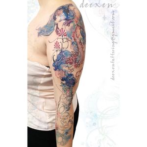 Shanghai Blues ➡️Contact: deexentattooing@gmail.com ⛩️Merci Patricia! . . . #artnouveau #mucha #tatouagedragon #dragontattoo #colortattoo #watercolorflowers #tatouageartdeco #artdeco #vintagetattoo #tatouageaquarelle #coloreddragon #deexen #deexentattooing 