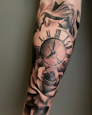 Time #tattoo #realistictattoo #rose #clock #women #smoke #time 