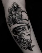 traditional lady black and grey tattoo by satanischepferde #woman #lady #oldschool #traditionaltattoo #darkart #bird #chrysanthemum #blackandgrey #blacktraditional #dark #neotraditional #neotrad