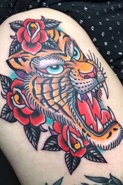 #tiger done at Hot Stuff Tattoo. Email chuckdtats@gmail.com for booking info. #traditionaltattoo #tigertattoo 