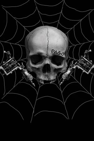 Skull with tattoo machine and spider web design. Up for grabs