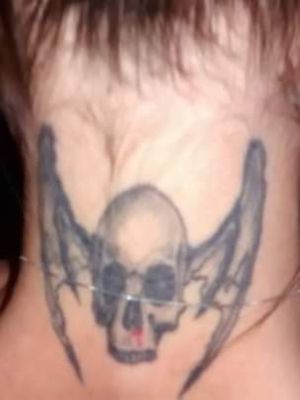 #skull #batwings #bloodynose #backofneck #localartist #MA #blackandgrey