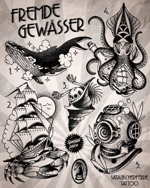 Fremde Gewässer flashset by satanischepferde #whale #diver #helmet #kraken #octopus #seashell #crab #sailor #ship #sailing #nautic #maritime #flashset #wannados #tattoostyle #tattoofash 