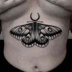 Underboob dark moth tattoo by satanischepferde . #moth #underboob #dark #darkartist #blackwork #darkart #insect #moon #blacktattoo #neotraditional #traditional #whipshading 