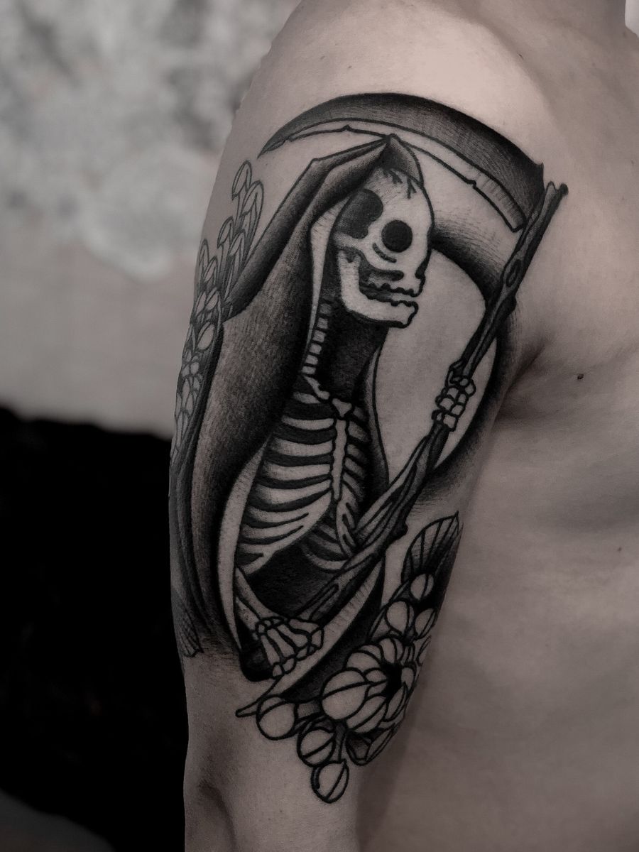 Tattoo uploaded by satanischepferde • Traditional reaper tattoo by  satanischepferde #erfurt #reaper #death #skull #skeleton #scythe  #chrysanthemum #traditional #dark #creepy #blackandgrey #blackwork #darkart  • Tattoodo