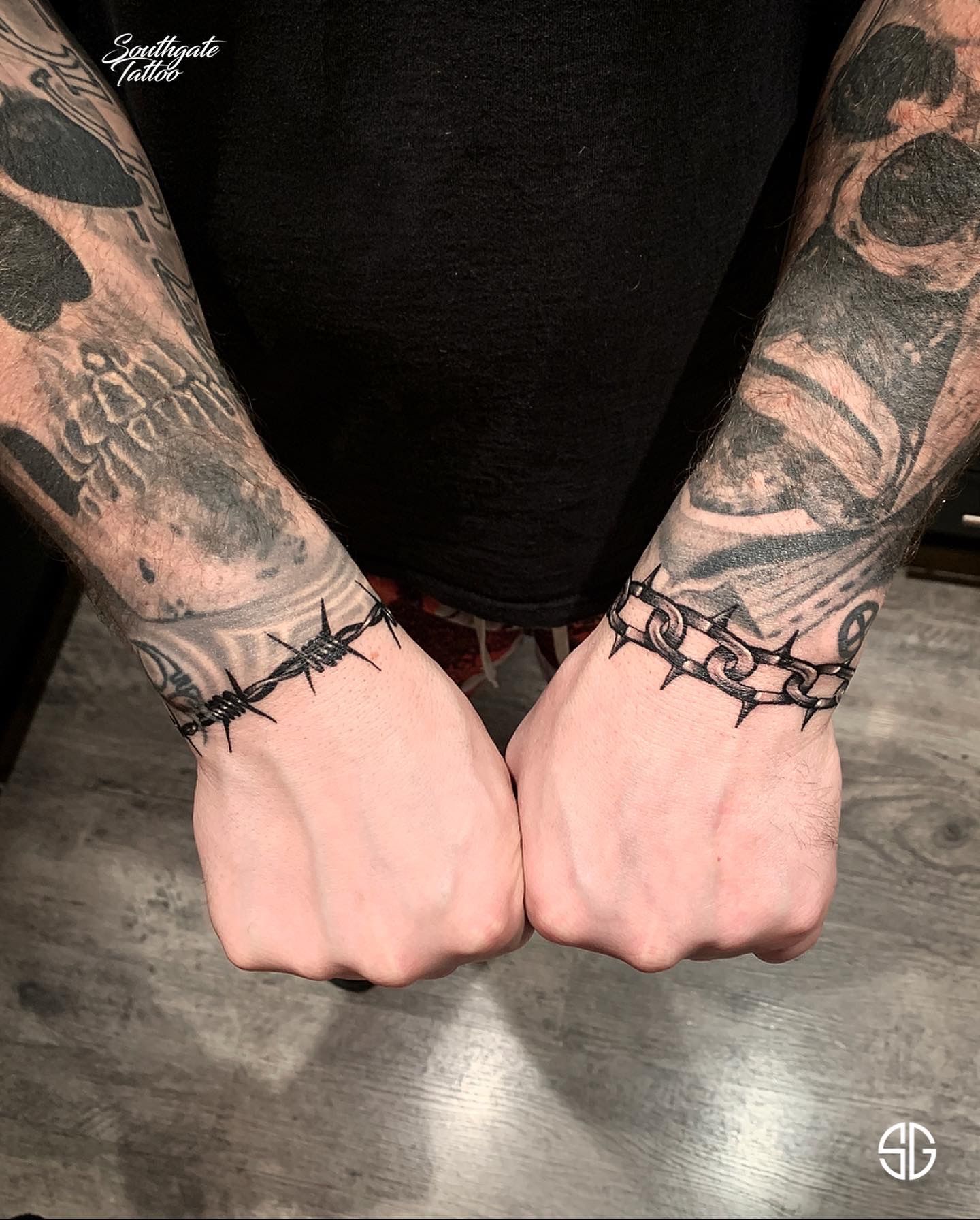 Tattoo uploaded by Southgate SG Tattoo & Piercing Studio • • ⛓• broken barbed  wire and chain bands by our resident @ for @viktor_hook  completion of two sleeves. 🥳Healed clown and skull
