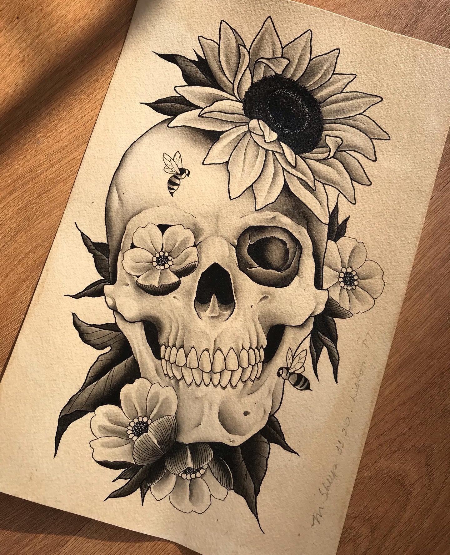 skull with flowers drawing