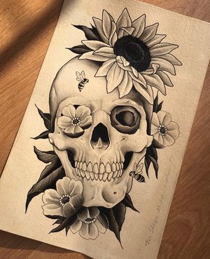 Skull + flowers + bees