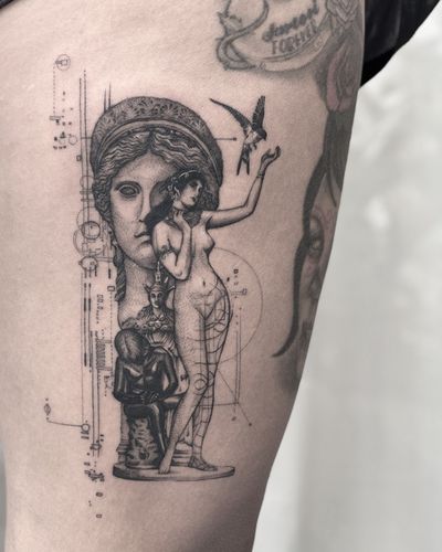 Tattoo by Pilgrim ttt aka Adi Ariesta #pilgrimttt #AdiAriesta #sculpture #greek #sacredgeometry #bird #woman #ancient #shapes #fineline #linework #blackanddgrey