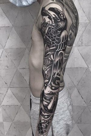 Raven oni tattoo in progress. 2nd session with Marcell Horváth (instagram: marcell5689)Next session will be coloring.