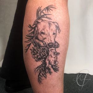 Dog Portrait, Squirrel and Pine Cone Fine Line Tattoo (healed) by Andreanna Iakovidis #blackandgrey #animal #dog #adirondack #nature #botanical #fineline