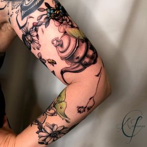 Whimsical Teapot and Luna Moth Cover Up Tattoo by Andreanna Iakovidis #lunamoth #teapot #whimsical #botanical #losangeles