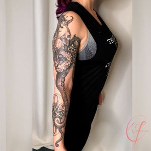 Full Sleeve Octopus and Mandala Tattoo (healed) by Andreanna Iakovidis #octopus #mandala #fullsleeveoctopus #blackandgrey #plattsburgh #burlington #albany #losangeles