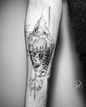 geometric mountain tattoo made by Dylan C, Tattoo artist in Montreal