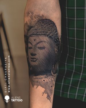 Buddha Tattoo By Dipti Chaurasiya at Aliens Tattoo India.Visit the link given below to see more religious tattooshttps://www.alienstattoo.com/best-religious-tattoo-idea
