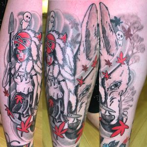 healed custom PrincessMononoke shin tattoo