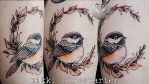 Chonky lil chickadee! . . . . #chickadee #bird #BirdTattoo #ChickadeeTattoo #leaves #ColorTattoo #nature #seasons #NatureTattoo #tattoos #BodyArt #BodyMod #modification #ink #art #QueerArtist #QueerTattooist #MnArtist #MnTattoo #VisualArt #TattooArt #TattooDesign #TheTattooedLady #TattooedLadyMN #NikkiFirestarter #FirestarterTattoos #firestarter #MinnesotaTattoo
