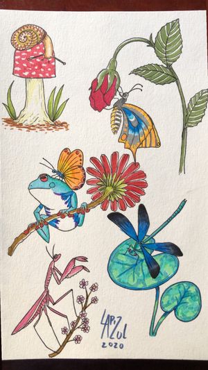 All available except the frog in the middle #flashtattoo #nature #floral #animals #bugs #mushroom #fullcolor #color 
