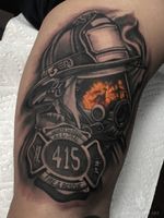 Firefighter tribute black and grey tattoo done by Jon campos
