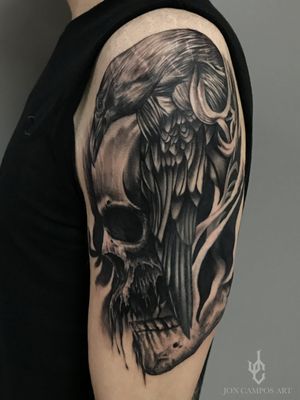 Custom skull and raven Black and grey tattoo done by Jon Campos of Urbans tattoo Dallas Fort Worth Texas 