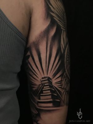 Aztec temple  black and grey piece done by Jon campos from urbans Tattoo Studio Arlington, Texas