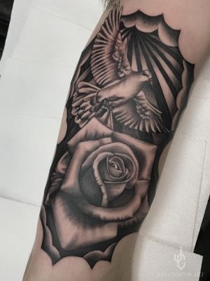 Dove and rose Black and grey tattoo done by Jon Campos of Urbans tattoo Dallas Fort Worth Texas 