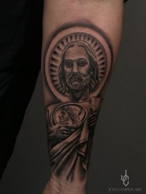 Saint Jude black and grey piece done by Jon campos from urbans Tattoo Studio Arlington, Texas
