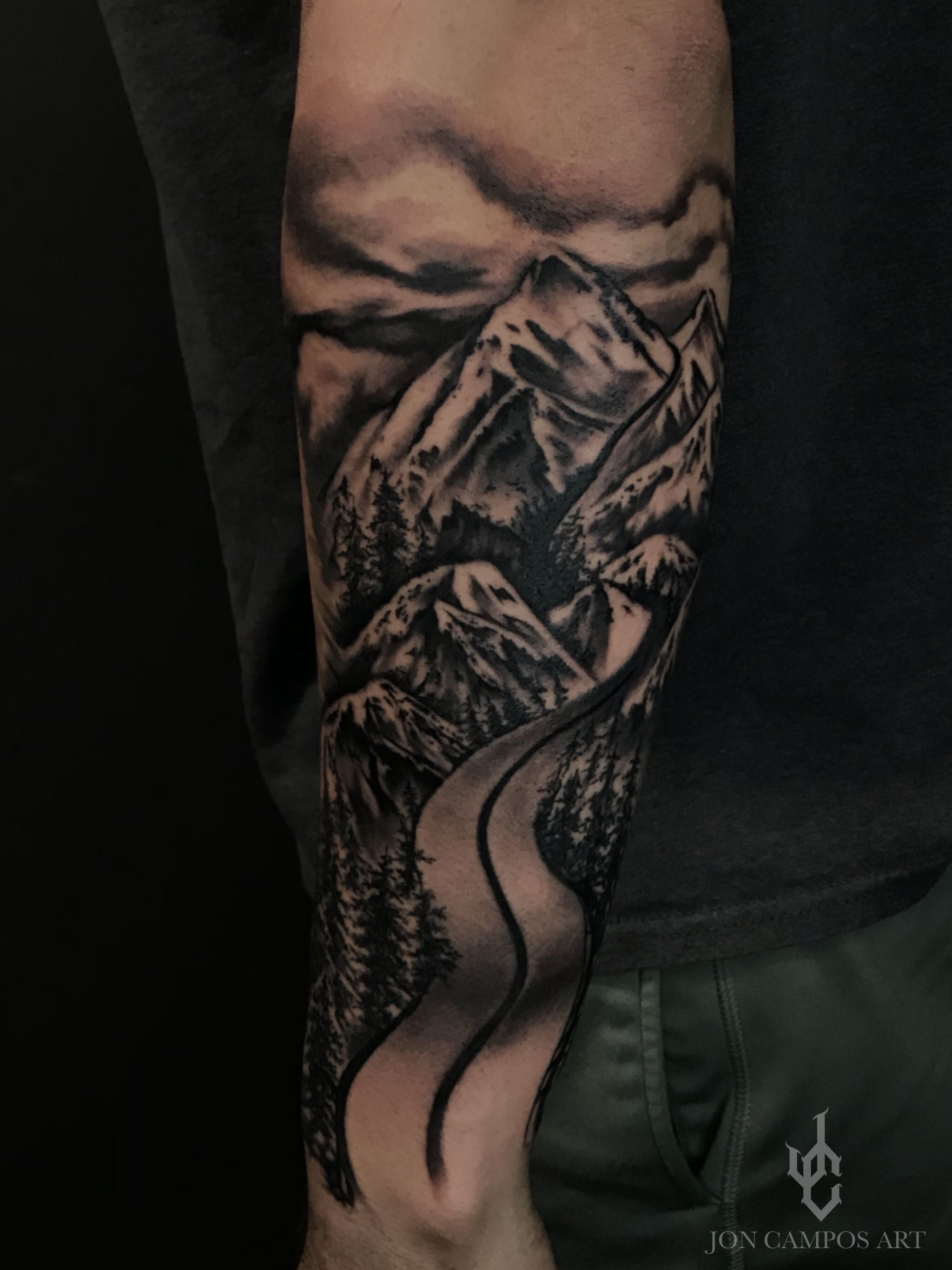 Tattoo uploaded by joncamposart  Winding road and mountain black and grey  piece by Jon Campos dallas tx  Tattoodo