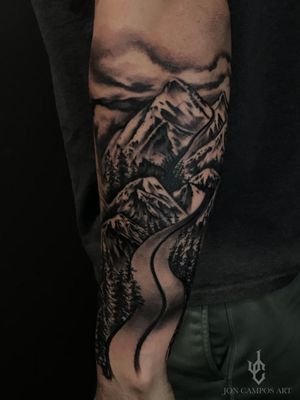 Winding road and mountain black and grey piece by Jon Campos dallas tx. 