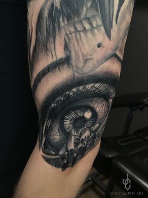 Horror eye tattoo black and grey realism by Jon campos art Dallas, TX. 