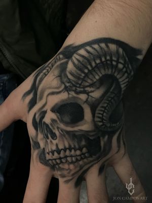Demon skull hand tattoo by Jon campos art Dallas, Tx. 