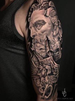 Half sleeve Poseidon and Pegasus black and grey done by Jon campos art, Dallas, TX. 