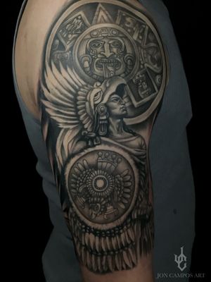 Aztec warrior and calendar black and grey half sleeve tattoo by Jon campos art Dallas Tx. 