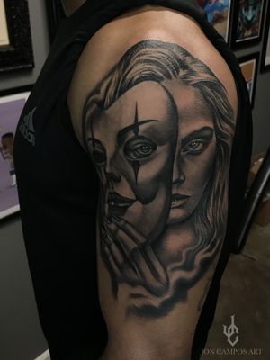 Masked woman black and grey tattoo by Jon campos art Dallas, Tx. 