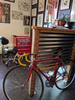 A view of the tattoo studio. Sustainability is key... Bike to the shop!!