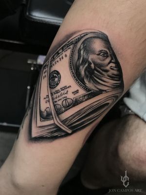 100.00 bill stacks Benjamin Franklin tattoo by Jon campos art 