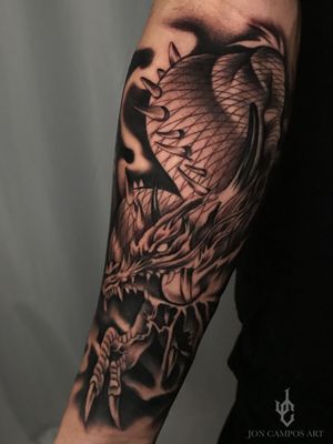 Black and grey dragon tattoo done by Jon campos art Dallas, Tx. 