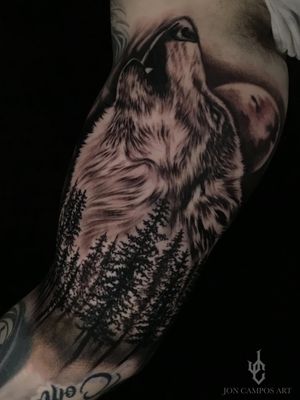 Howling wolf and pine trees black and grey by Jon campos art Dallas tx 