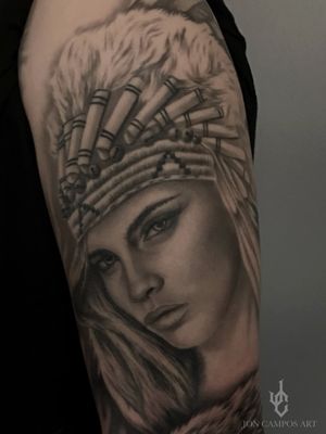 Indian woman and headress black and grey half sleeve done by Jon campos art Arlington, Tx. 