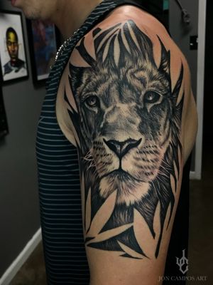 Black and Frey half sleeve lion tattoo by Jon campos art. 